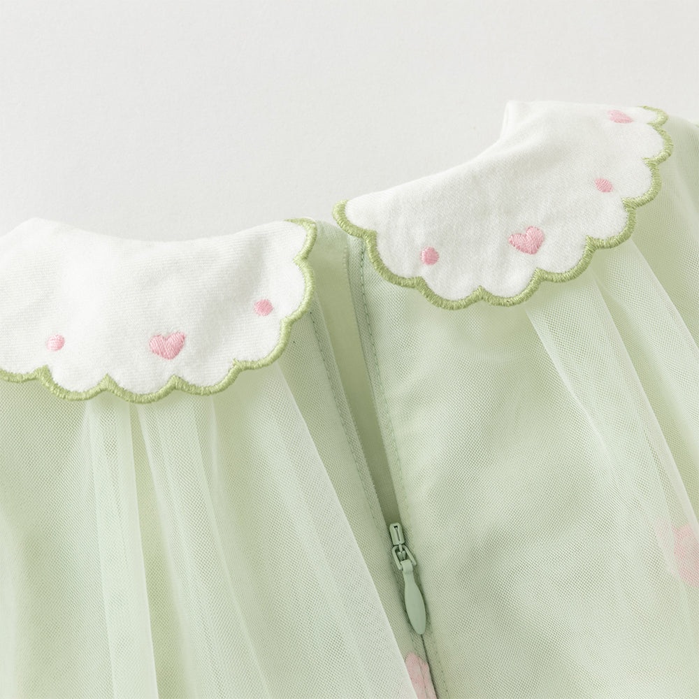 فستان بنات طويل الأكمام باللون الأخضر العشبي من التول بأسلوب أميرة