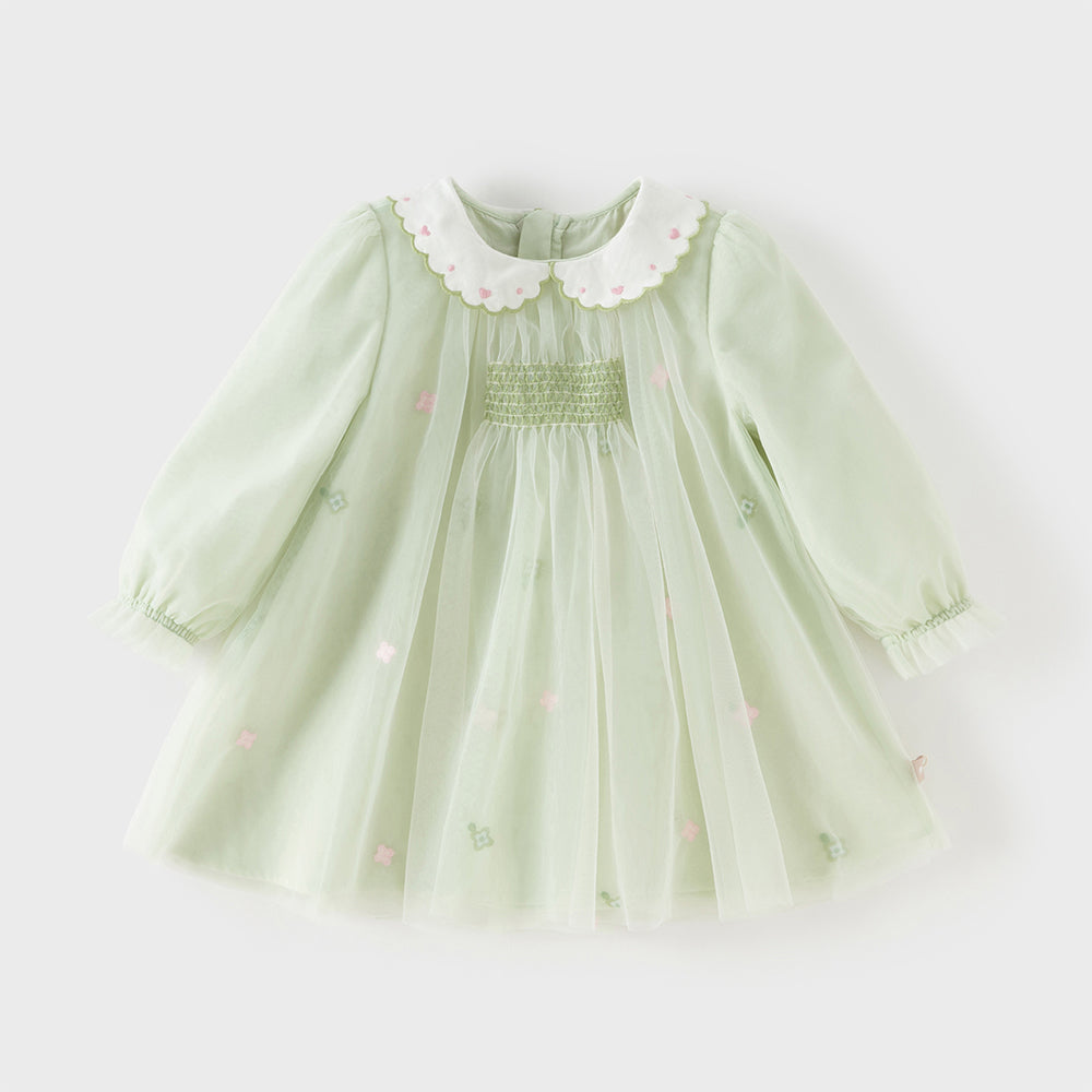 فستان بنات طويل الأكمام باللون الأخضر العشبي من التول بأسلوب أميرة