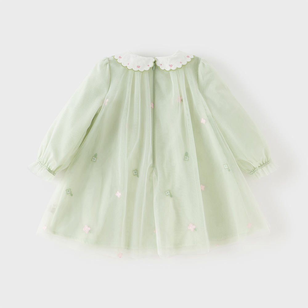 فستان بنات طويل الأكمام باللون الأخضر العشبي من التول بأسلوب أميرة