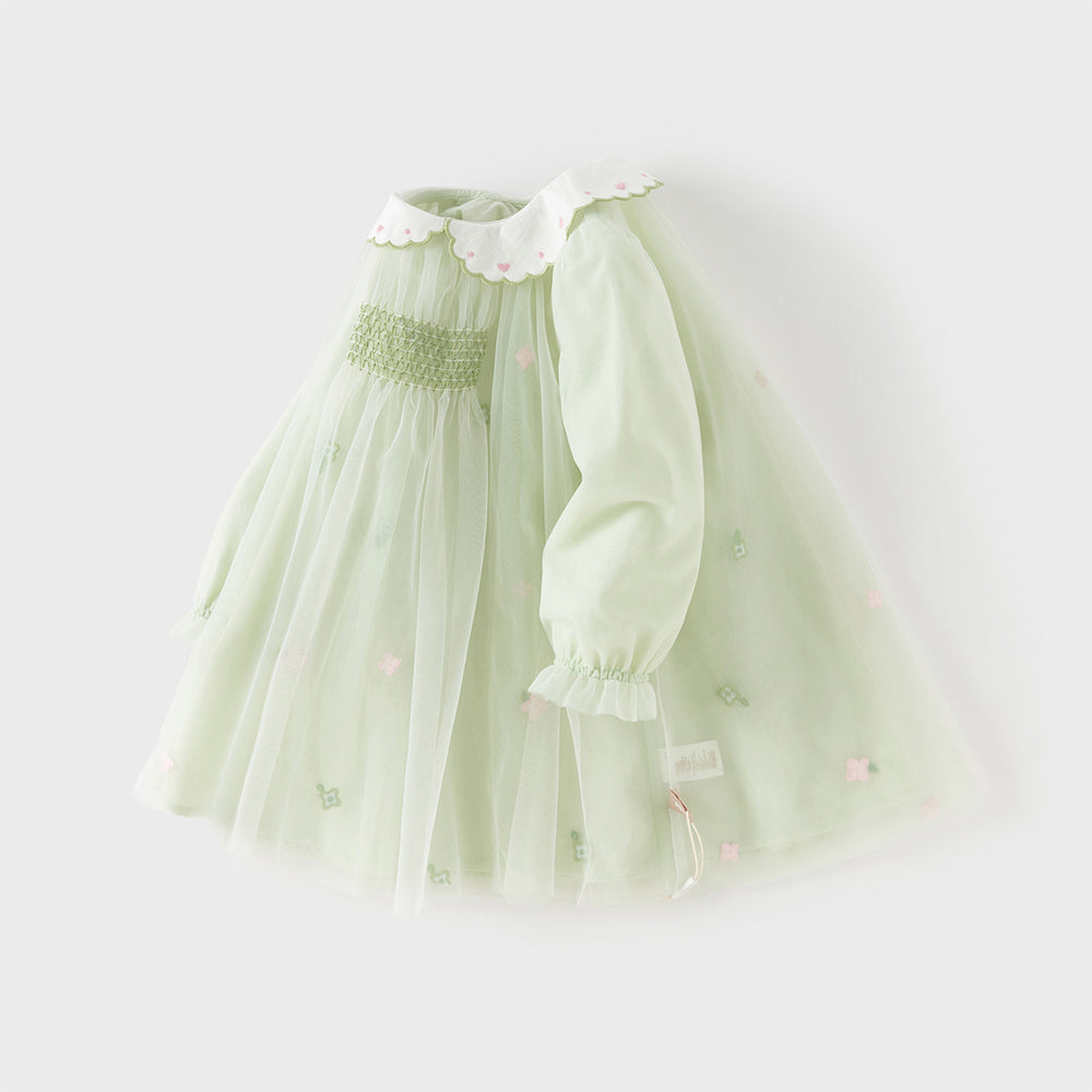 فستان بنات طويل الأكمام باللون الأخضر العشبي من التول بأسلوب أميرة