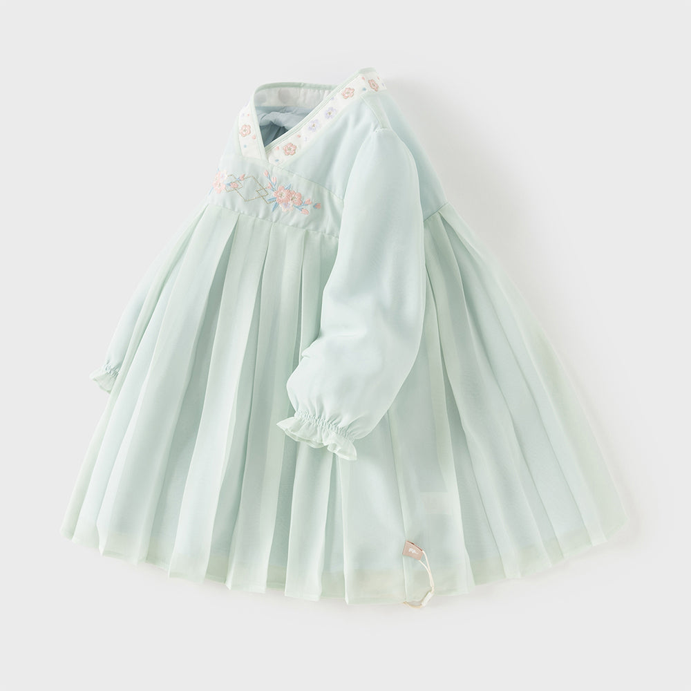 فستان بنات صغير مستوحى من الهانفو باللون الأخضر - فستان شيفون مطرز بالزهور ومجعد