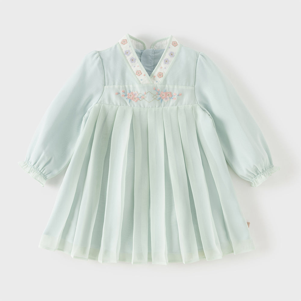 فستان بنات صغير مستوحى من الهانفو باللون الأخضر - فستان شيفون مطرز بالزهور ومجعد