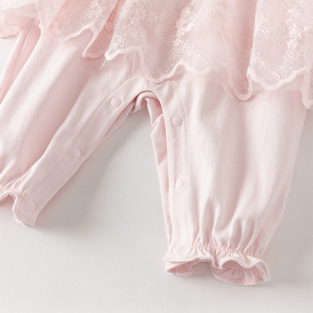 رومبر بناتي للرضّع باللون الوردي الفاتح مع تنورة تول مزينة بالدانتيل