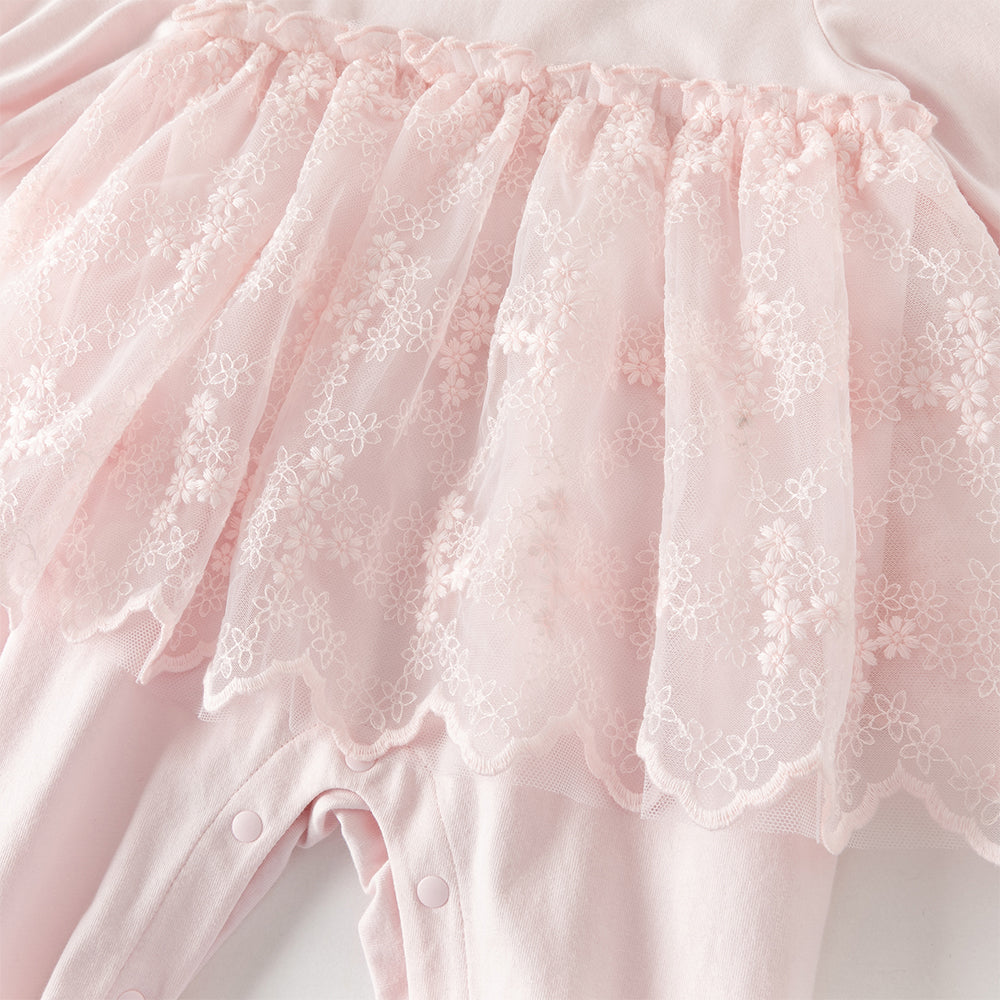 رومبر بناتي للرضّع باللون الوردي الفاتح مع تنورة تول مزينة بالدانتيل
