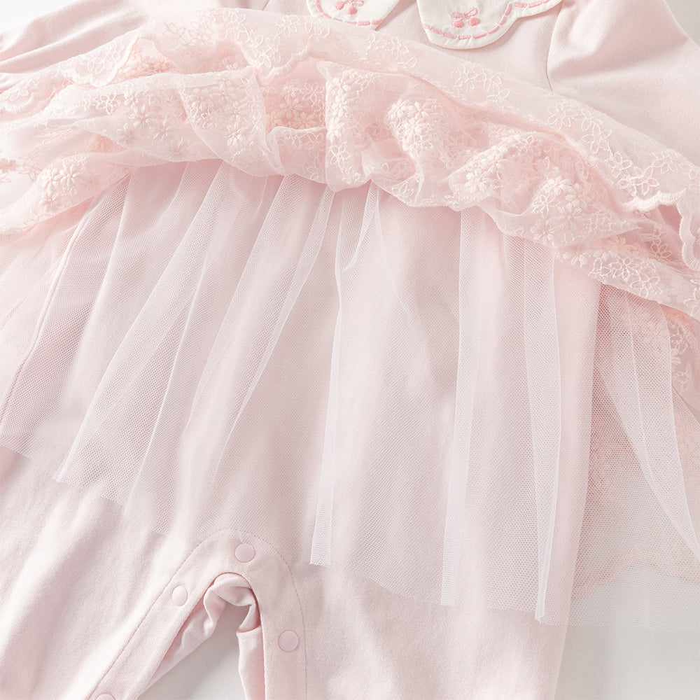 رومبر بناتي للرضّع باللون الوردي الفاتح مع تنورة تول مزينة بالدانتيل