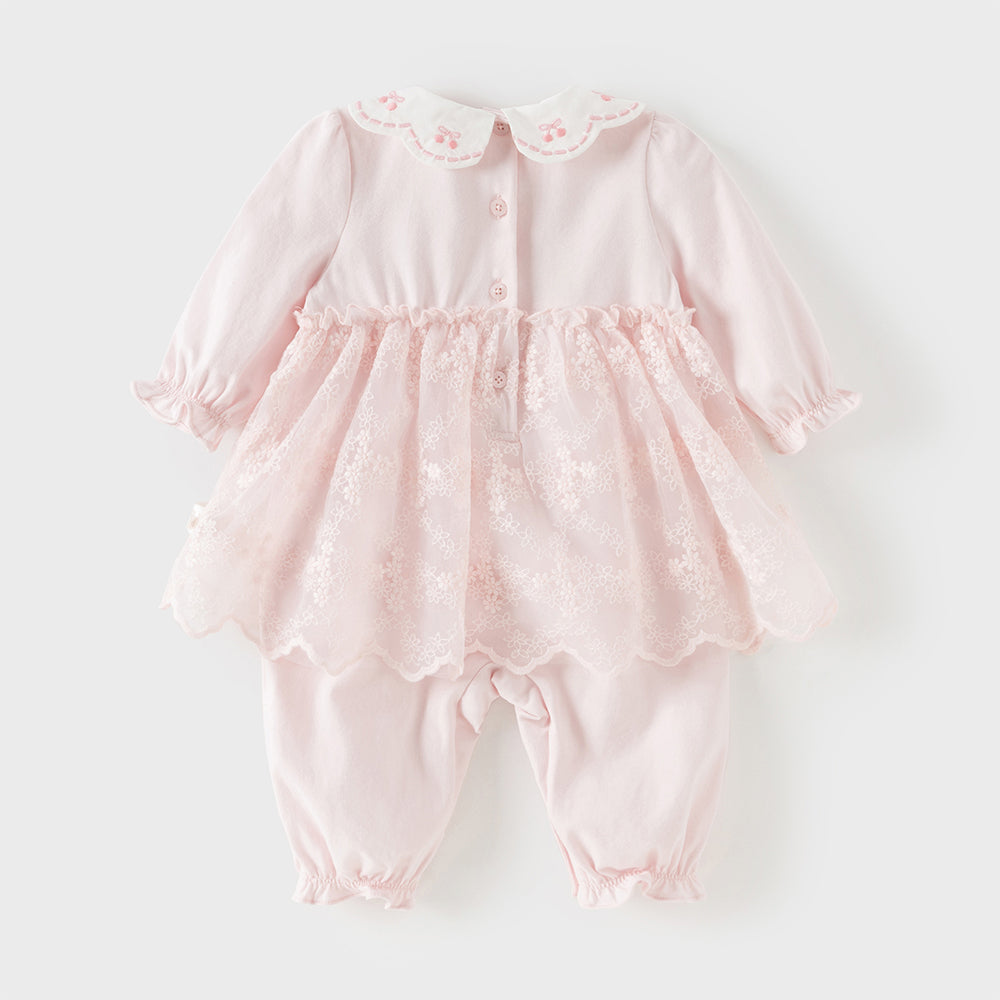رومبر بناتي للرضّع باللون الوردي الفاتح مع تنورة تول مزينة بالدانتيل