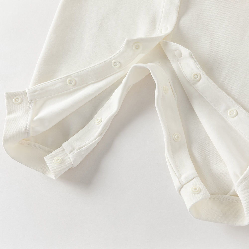 رومبر قطن أبيض للبنات مع تغطية دانتيل وردية - رومبر بياقة بيتر بان وحواف متدرجة مع أزرار كاملة