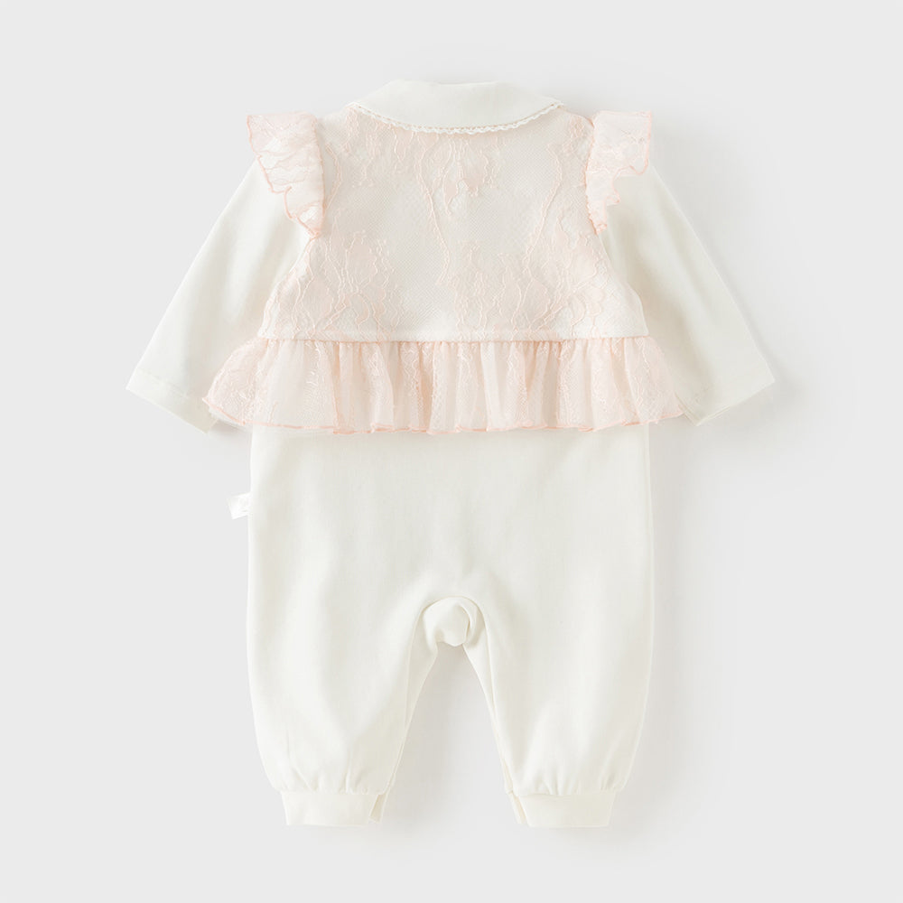 رومبر قطن أبيض للبنات مع تغطية دانتيل وردية - رومبر بياقة بيتر بان وحواف متدرجة مع أزرار كاملة