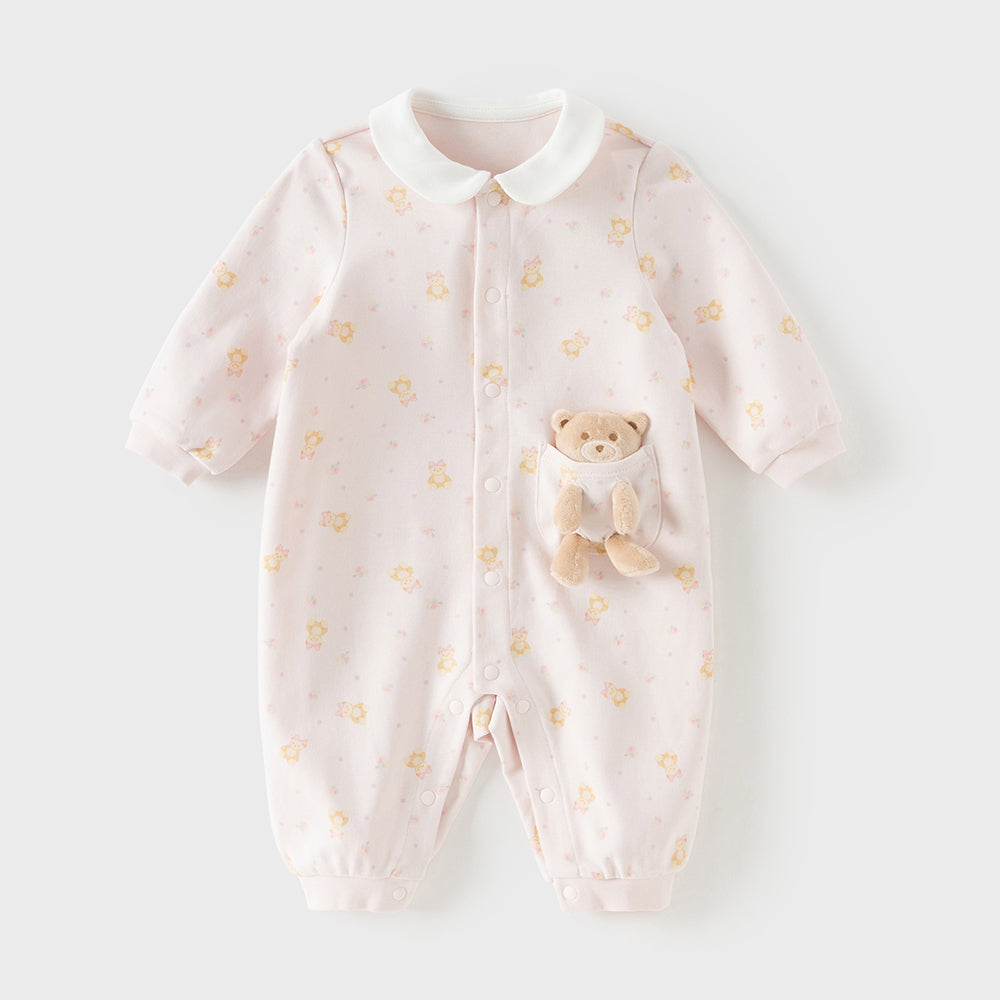 رومبر قطني للأطفال مع دُمية دب قابلة للإزالة، طبعة وردية\طبعة زرقاء