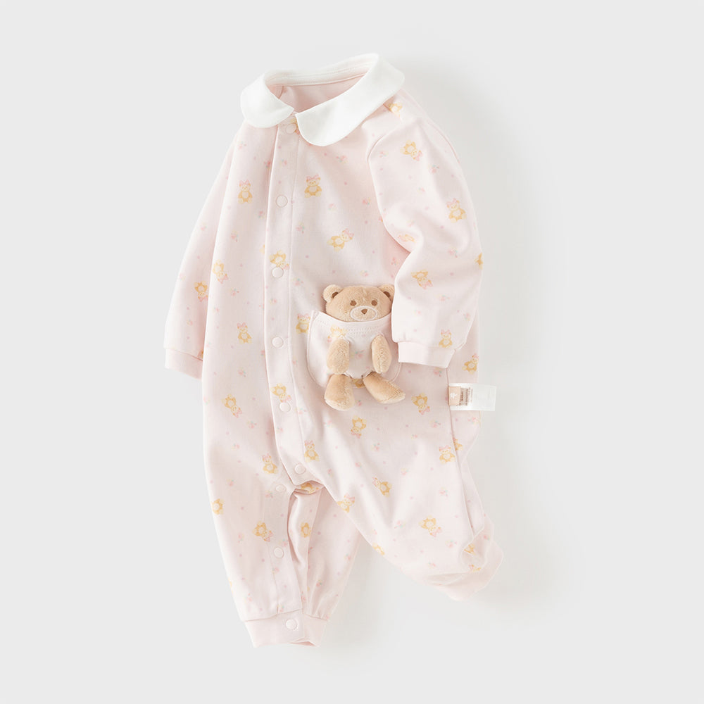 رومبر قطني للأطفال مع دُمية دب قابلة للإزالة، طبعة وردية\طبعة زرقاء