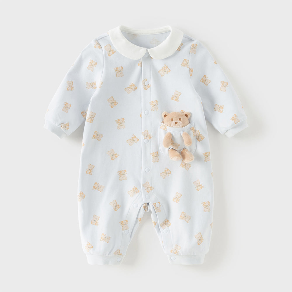 رومبر قطني للأطفال مع دُمية دب قابلة للإزالة، طبعة وردية\طبعة زرقاء