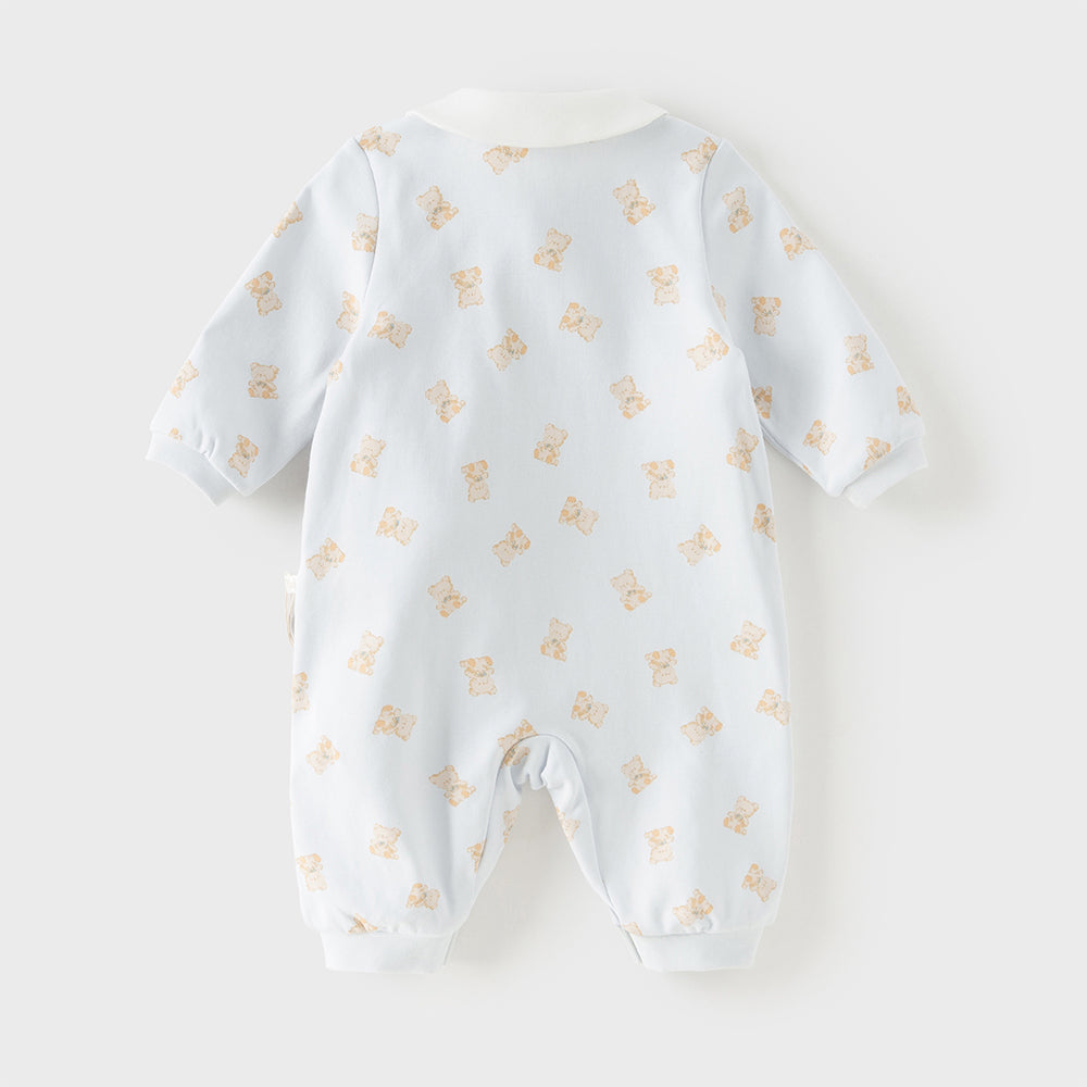 رومبر قطني للأطفال مع دُمية دب قابلة للإزالة، طبعة وردية\طبعة زرقاء