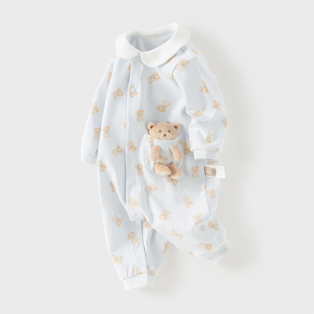 رومبر قطني للأطفال مع دُمية دب قابلة للإزالة، طبعة وردية\طبعة زرقاء