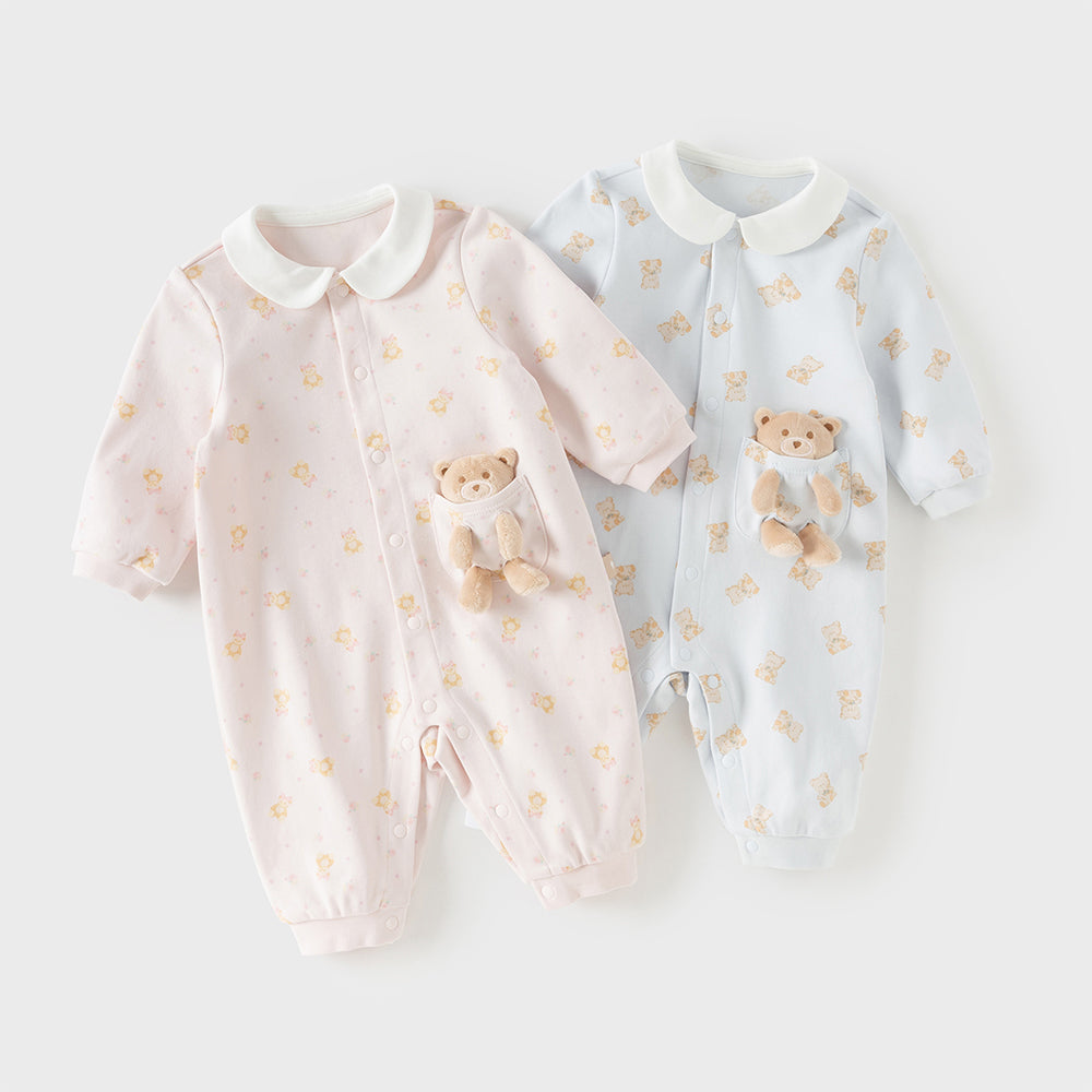 رومبر قطني للأطفال مع دُمية دب قابلة للإزالة، طبعة وردية\طبعة زرقاء