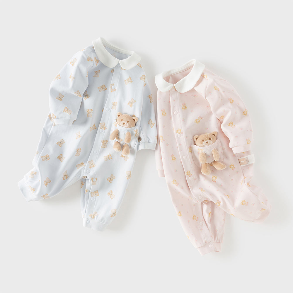 رومبر قطني للأطفال مع دُمية دب قابلة للإزالة، طبعة وردية\طبعة زرقاء