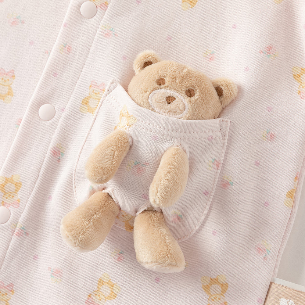 رومبر قطني للأطفال مع دُمية دب قابلة للإزالة، طبعة وردية\طبعة زرقاء