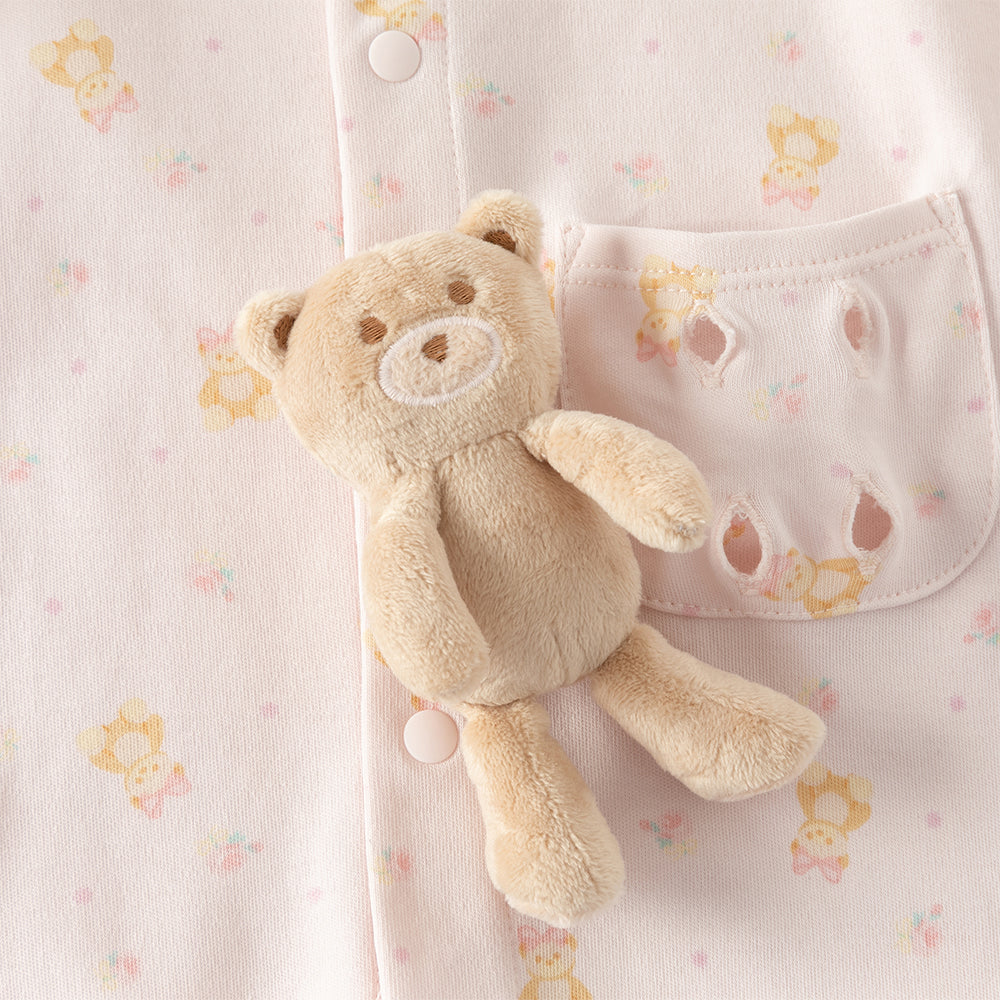 رومبر قطني للأطفال مع دُمية دب قابلة للإزالة، طبعة وردية\طبعة زرقاء