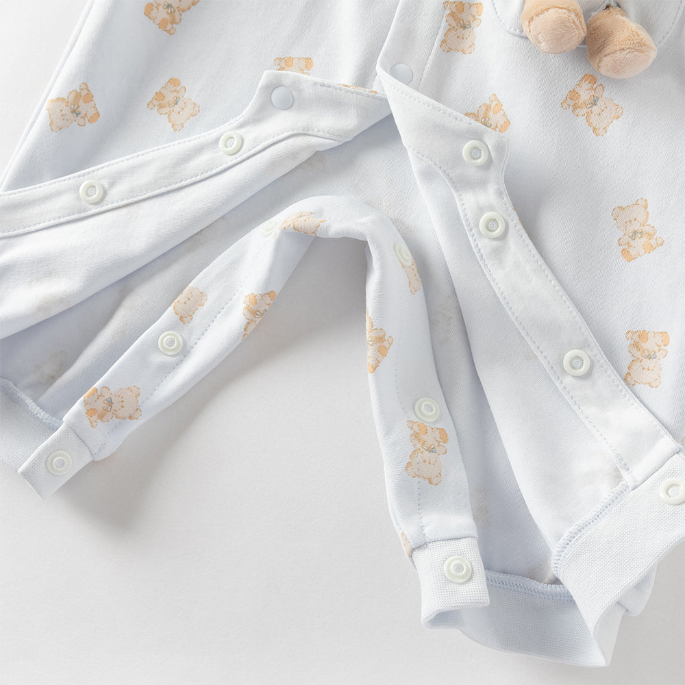 رومبر قطني للأطفال مع دُمية دب قابلة للإزالة، طبعة وردية\طبعة زرقاء