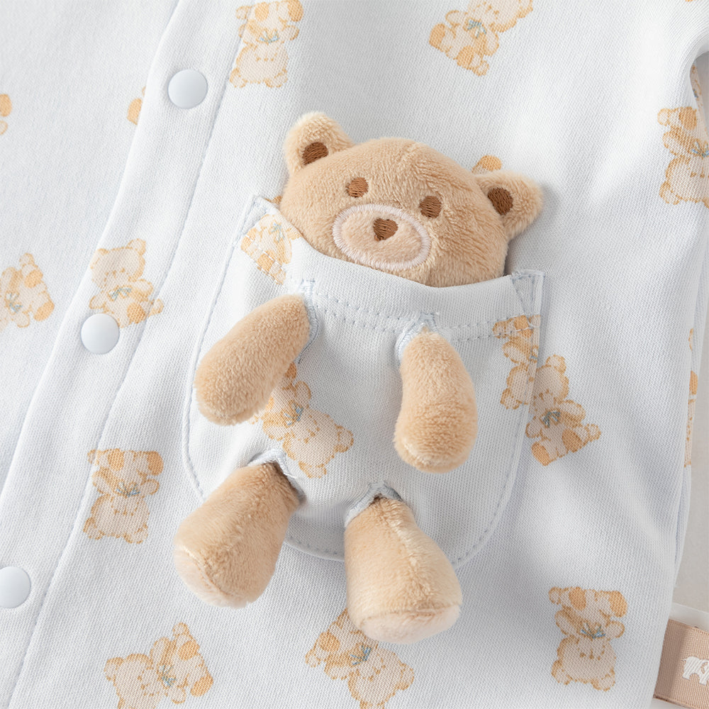 رومبر قطني للأطفال مع دُمية دب قابلة للإزالة، طبعة وردية\طبعة زرقاء