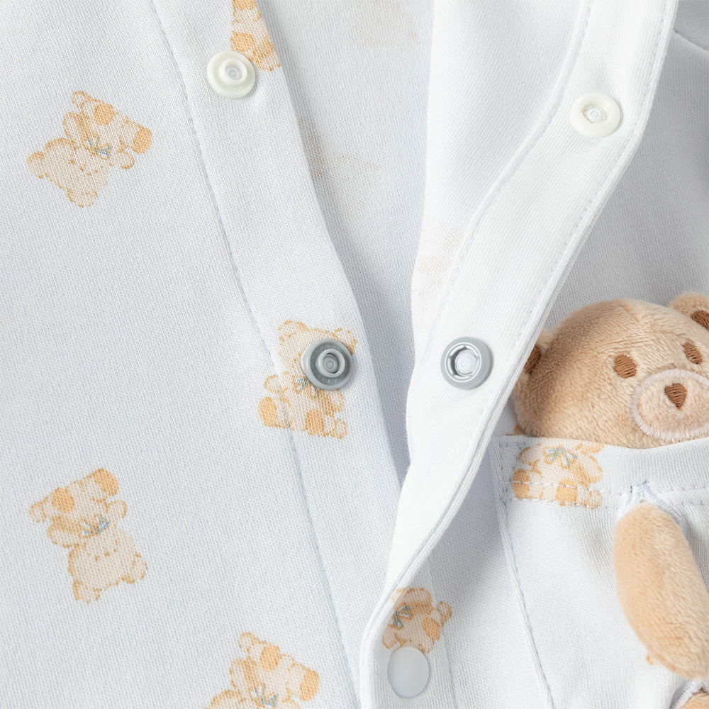 رومبر قطني للأطفال مع دُمية دب قابلة للإزالة، طبعة وردية\طبعة زرقاء