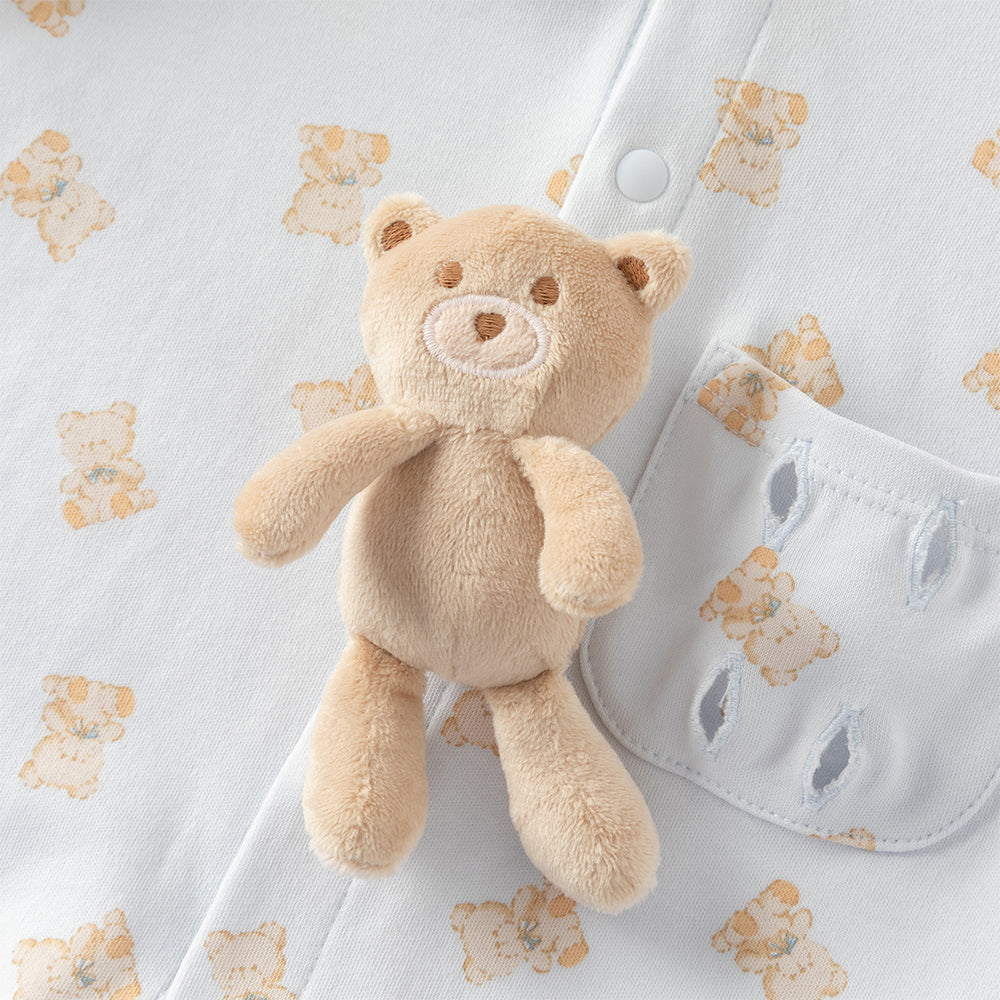 رومبر قطني للأطفال مع دُمية دب قابلة للإزالة، طبعة وردية\طبعة زرقاء