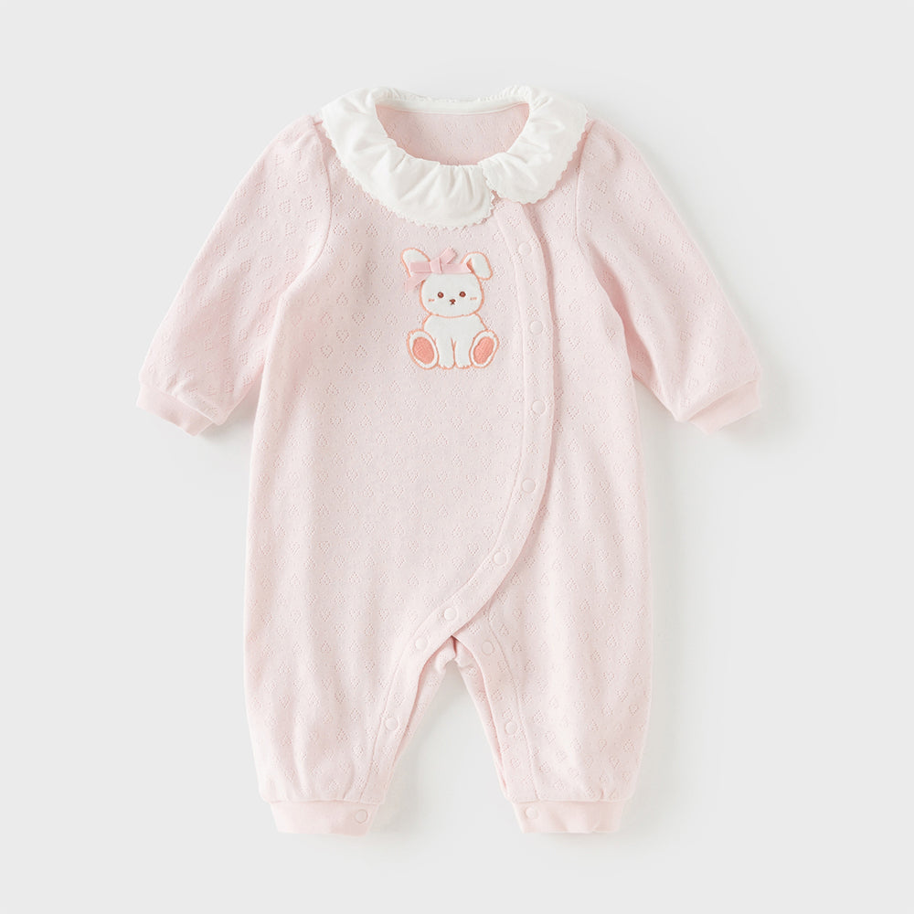 رومبر أطفال بناتي من القطن باللون الوردي الفاتح مع تطريز أرنب وياقة مكشكشة