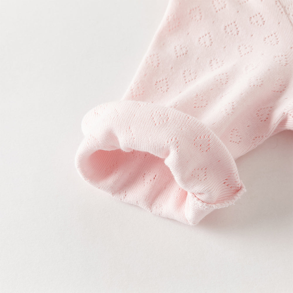 رومبر أطفال بناتي من القطن باللون الوردي الفاتح مع تطريز أرنب وياقة مكشكشة