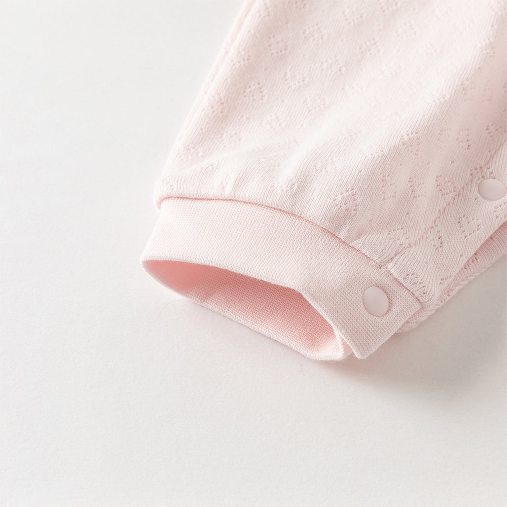 رومبر أطفال بناتي من القطن باللون الوردي الفاتح مع تطريز أرنب وياقة مكشكشة