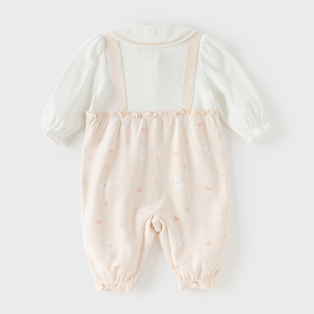 رومبر بناتي بطبعة وردية للرضع – ياقة بيتر بان مع تصميم حمالات مزين بفيونكات