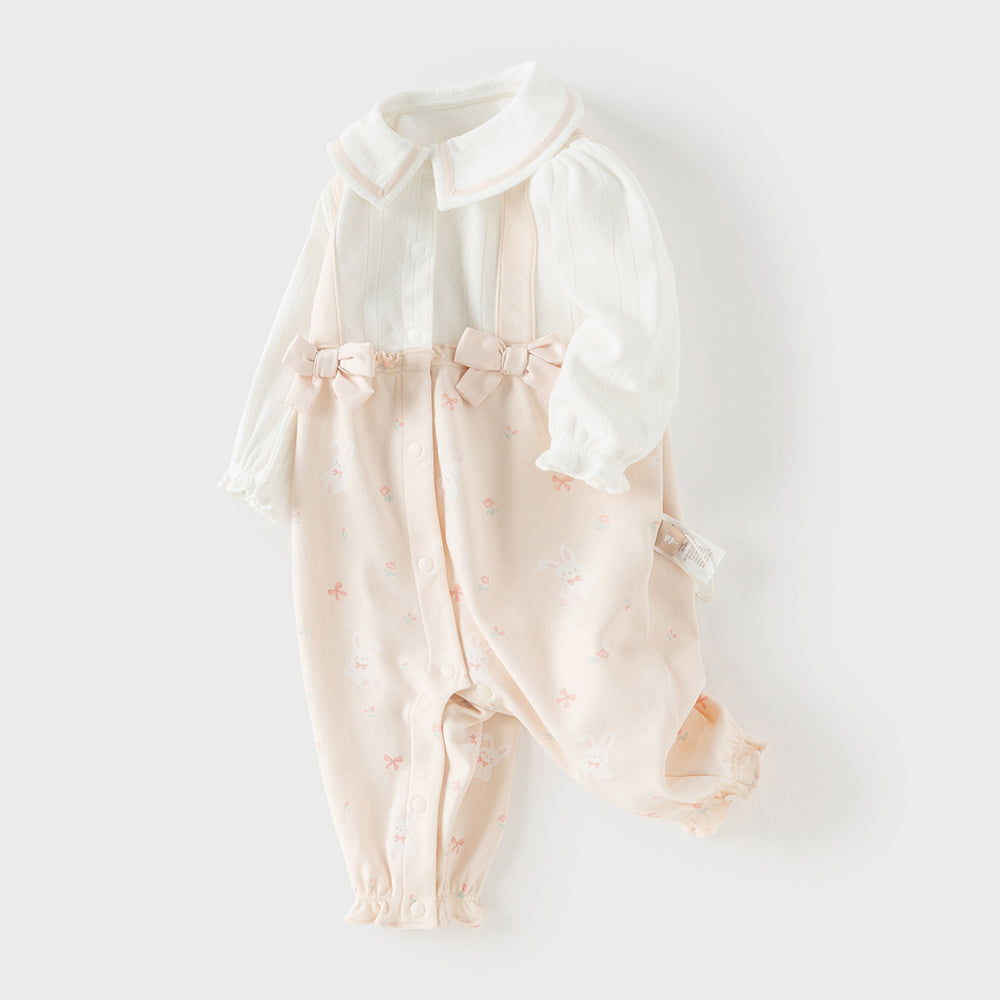 رومبر بناتي بطبعة وردية للرضع – ياقة بيتر بان مع تصميم حمالات مزين بفيونكات