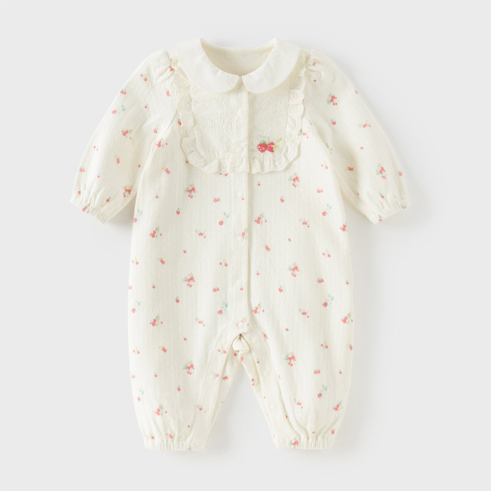 بدلة رومبر قطنية بطبعة زهرية للبنات الرضع، بياقة بيتر بان مزينة بالدانتيل والتطريز مع أزرار كبس كاملة