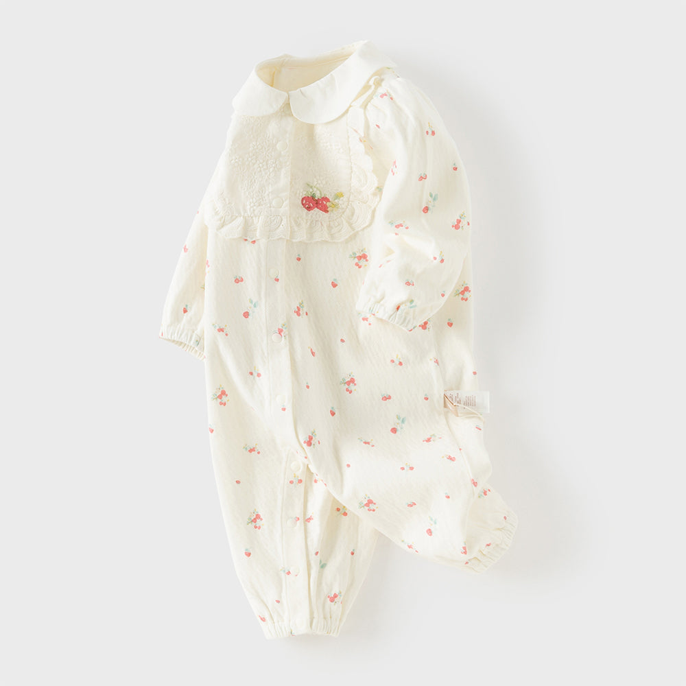 بدلة رومبر قطنية بطبعة زهرية للبنات الرضع، بياقة بيتر بان مزينة بالدانتيل والتطريز مع أزرار كبس كاملة