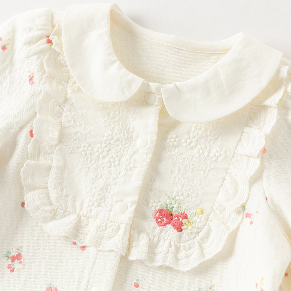 بدلة رومبر قطنية بطبعة زهرية للبنات الرضع، بياقة بيتر بان مزينة بالدانتيل والتطريز مع أزرار كبس كاملة