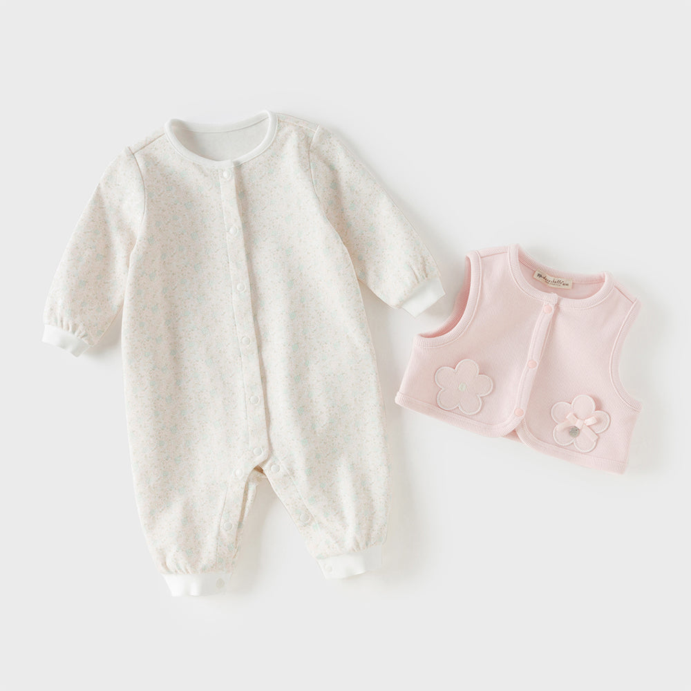 زي قطني مكون من قطعتين للبنات - رومبر بطبعة زهور مع فيست وردي مزخرف