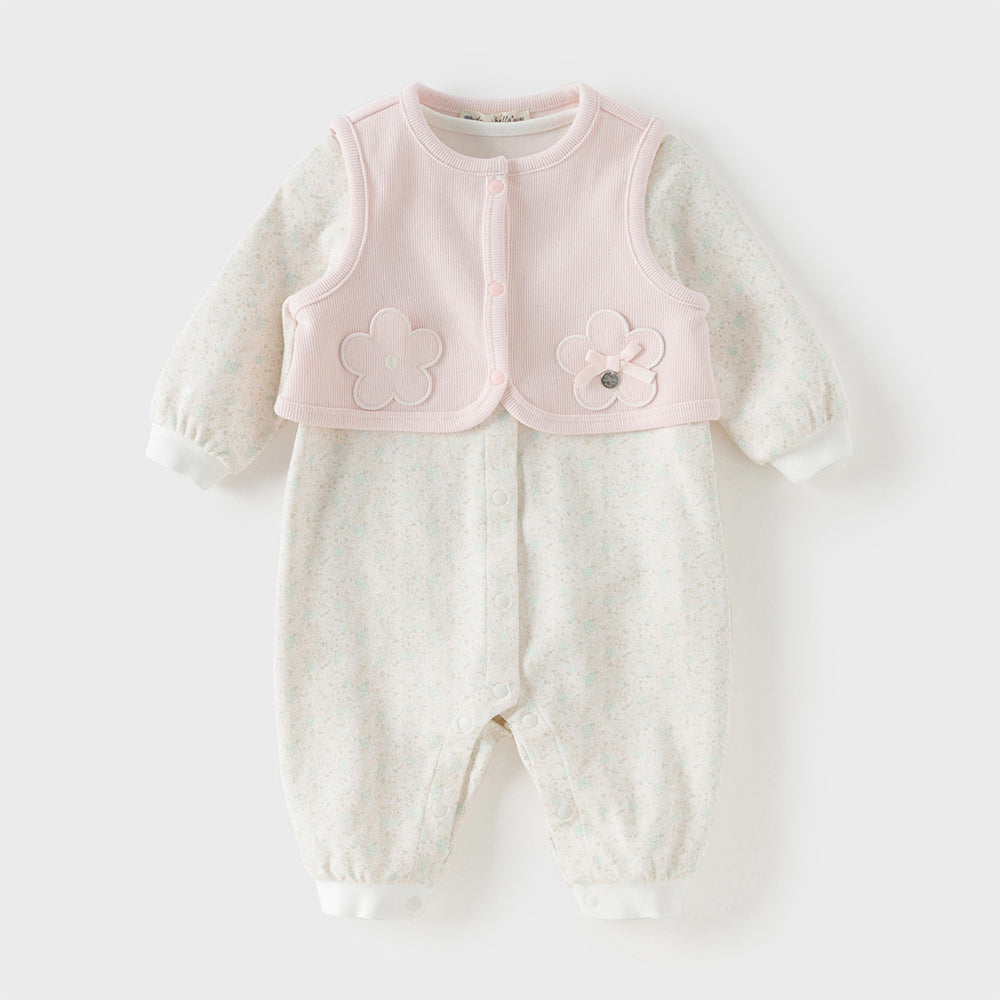 زي قطني مكون من قطعتين للبنات - رومبر بطبعة زهور مع فيست وردي مزخرف