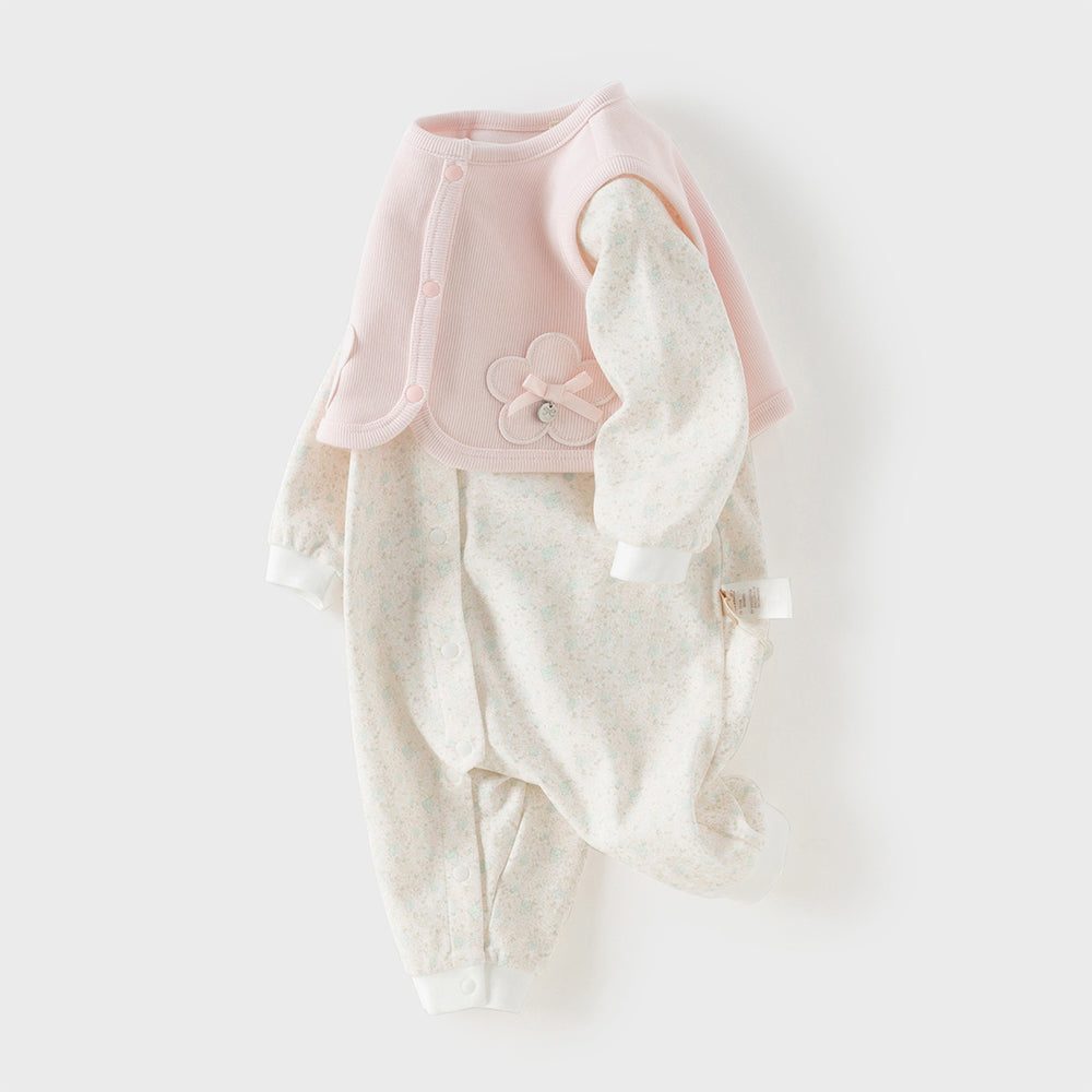 زي قطني مكون من قطعتين للبنات - رومبر بطبعة زهور مع فيست وردي مزخرف