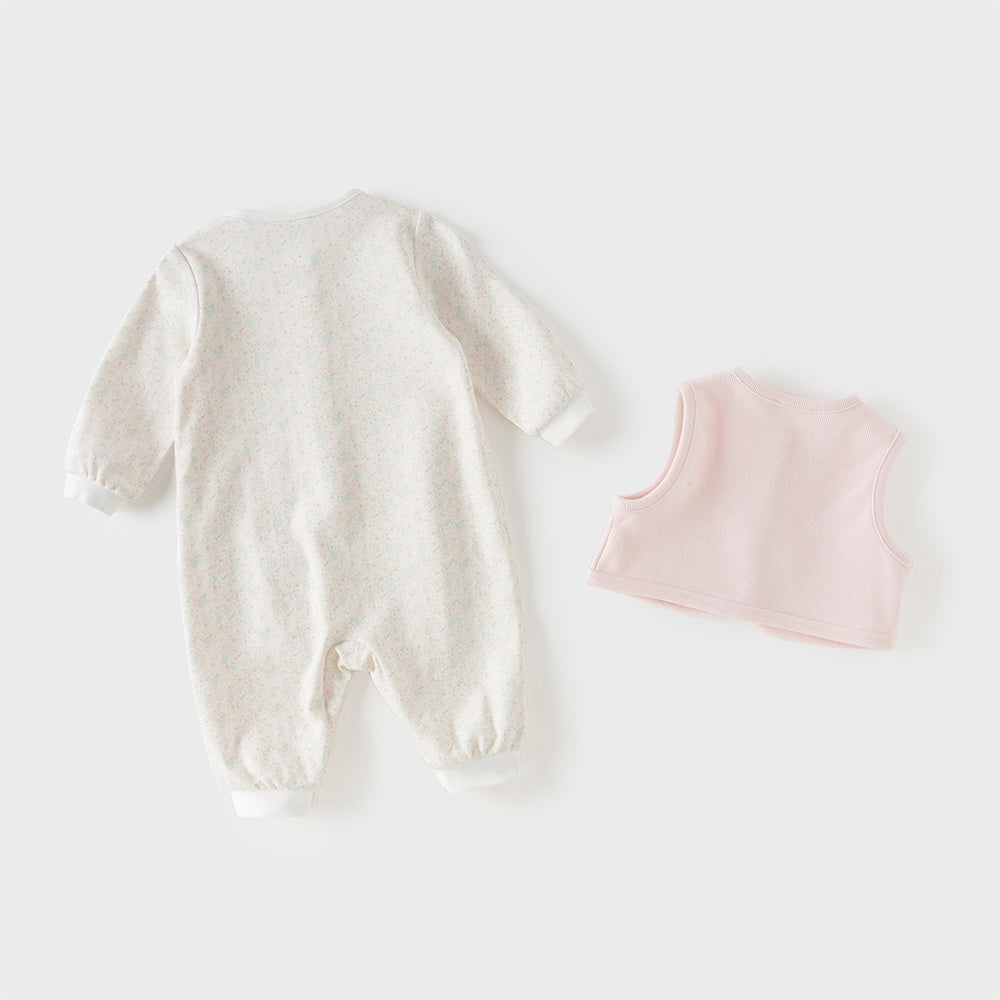 زي قطني مكون من قطعتين للبنات - رومبر بطبعة زهور مع فيست وردي مزخرف