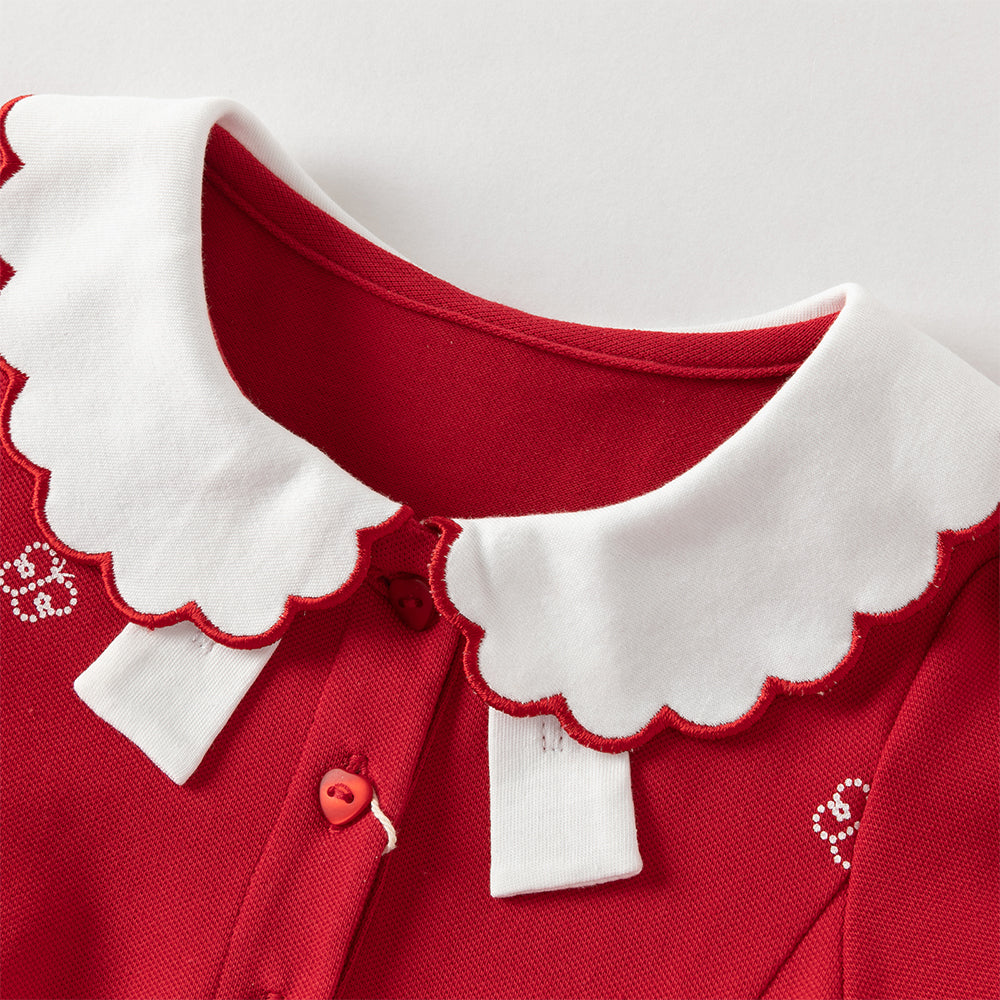 فستان بنات بأكمام طويلة باللون الأحمر بأسلوب أكاديمي