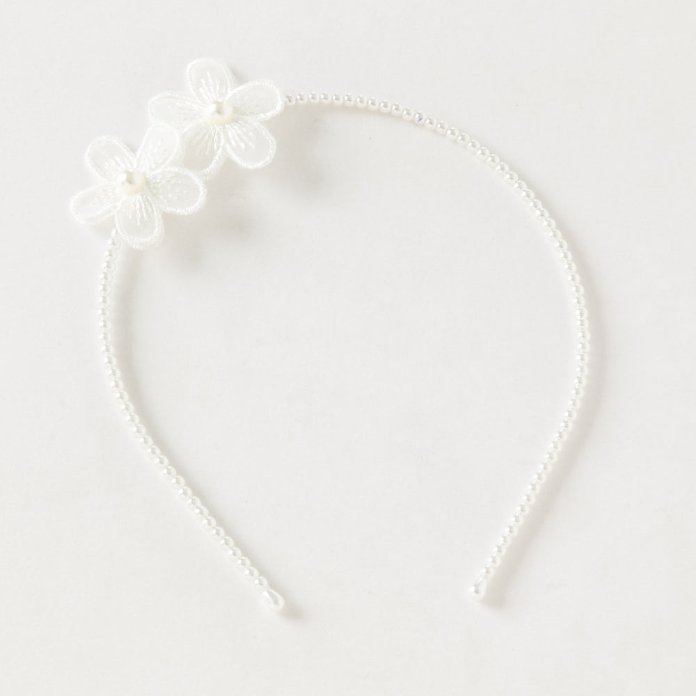 تاج شعر فتيات بيضاء مع ورود لؤلؤية - إكسسوار شعر مزخرف بالدانتيل والخرز