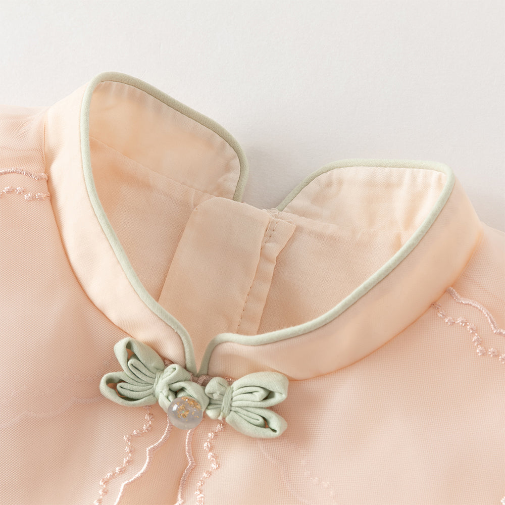 فستان بنات صغير بلمسة تشيباو برتقالي فاتح - فستان أميرة بتطريز على الياقة من التول