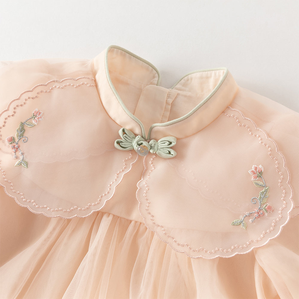 فستان بنات صغير بلمسة تشيباو برتقالي فاتح - فستان أميرة بتطريز على الياقة من التول