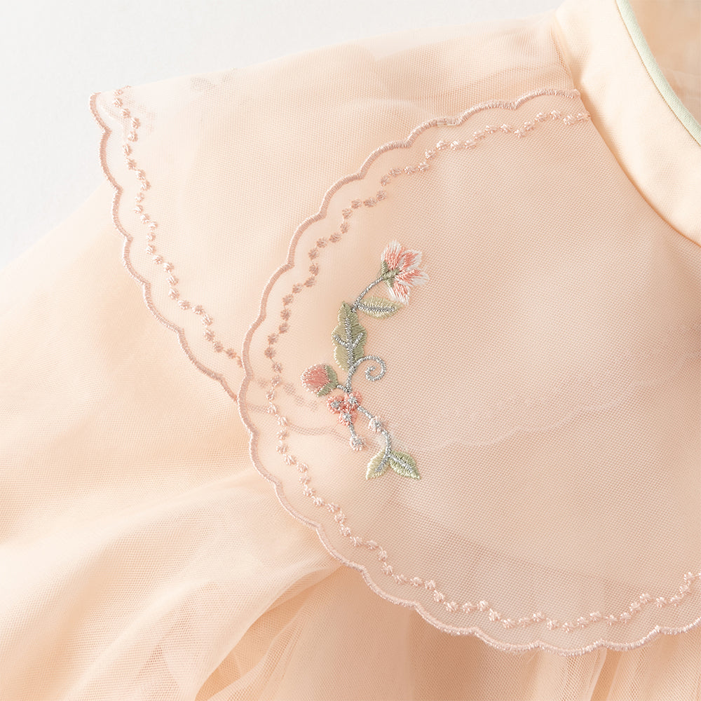 فستان بنات صغير بلمسة تشيباو برتقالي فاتح - فستان أميرة بتطريز على الياقة من التول