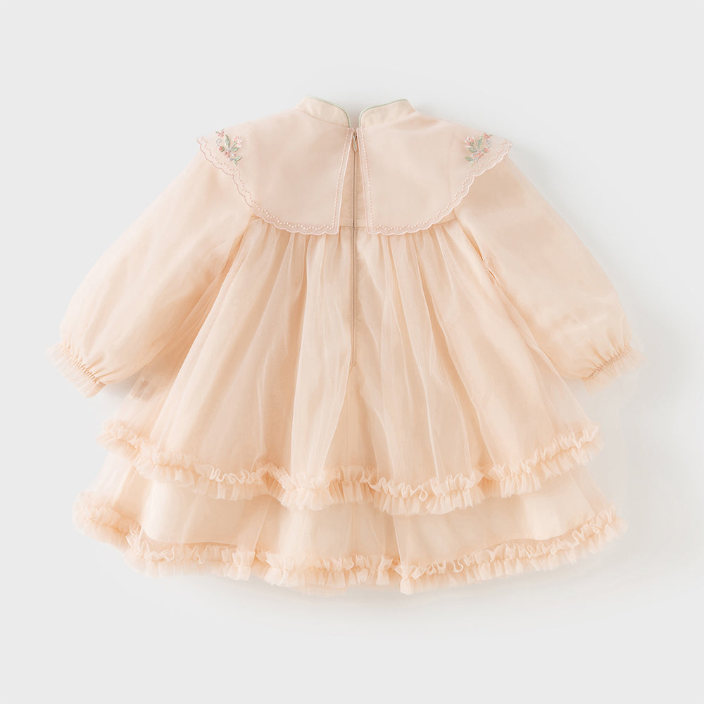 فستان بنات صغير بلمسة تشيباو برتقالي فاتح - فستان أميرة بتطريز على الياقة من التول