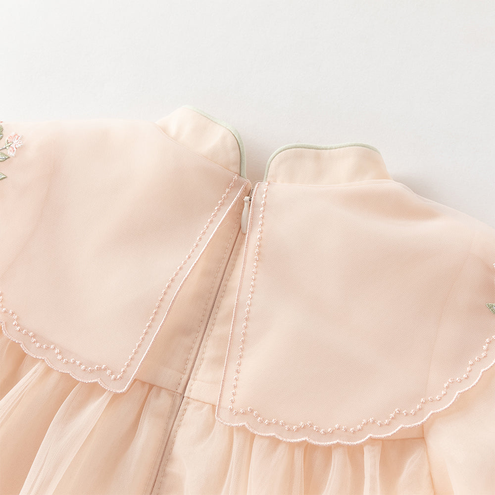 فستان بنات صغير بلمسة تشيباو برتقالي فاتح - فستان أميرة بتطريز على الياقة من التول