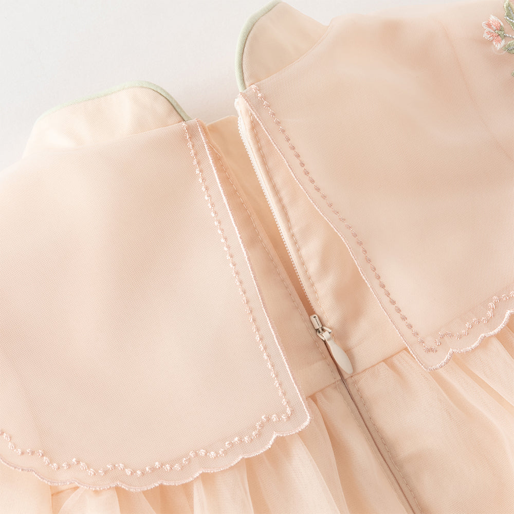 فستان بنات صغير بلمسة تشيباو برتقالي فاتح - فستان أميرة بتطريز على الياقة من التول