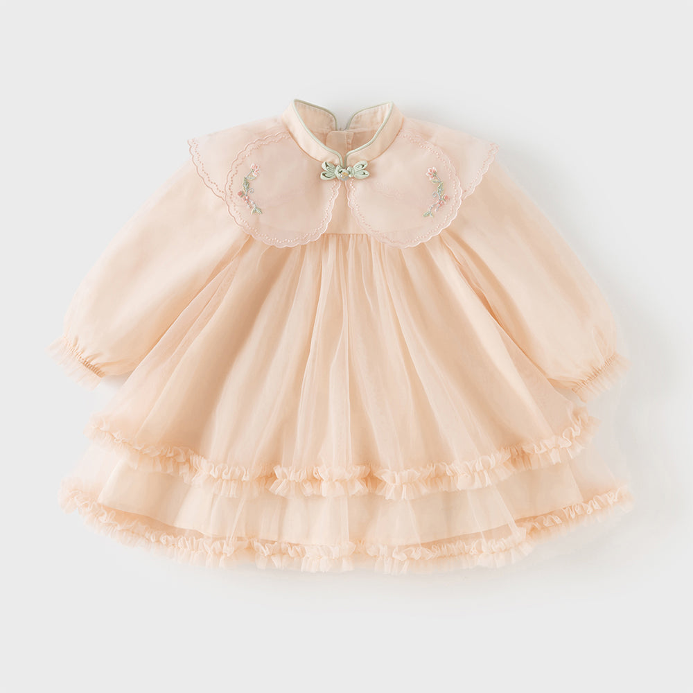 فستان بنات صغير بلمسة تشيباو برتقالي فاتح - فستان أميرة بتطريز على الياقة من التول