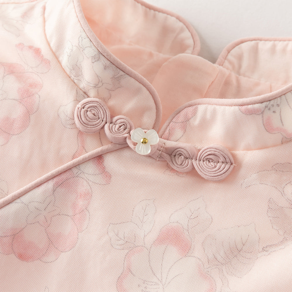 فستان بنات بأكمام طويلة من التول بطباعة زهرية، أسلوب صيني عصري