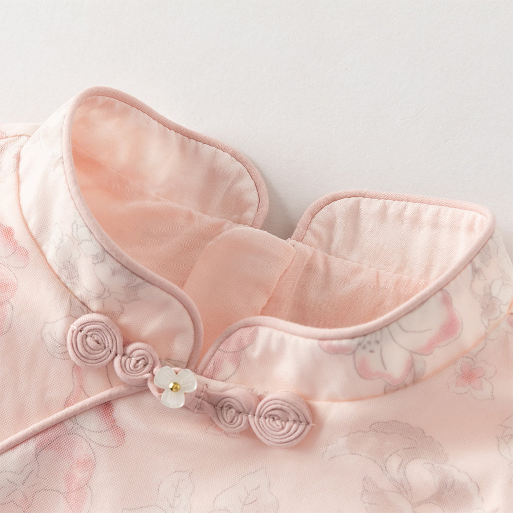 فستان بنات بأكمام طويلة من التول بطباعة زهرية، أسلوب صيني عصري