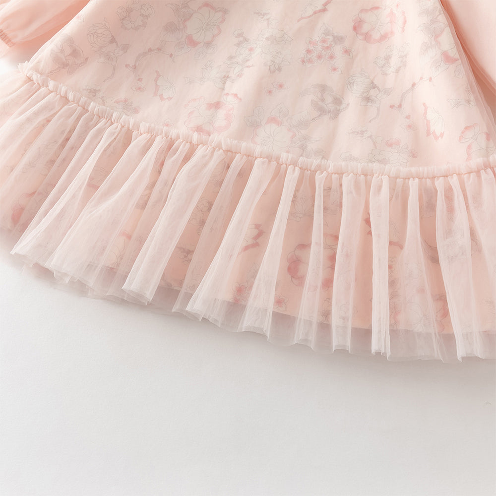 فستان بنات بأكمام طويلة من التول بطباعة زهرية، أسلوب صيني عصري