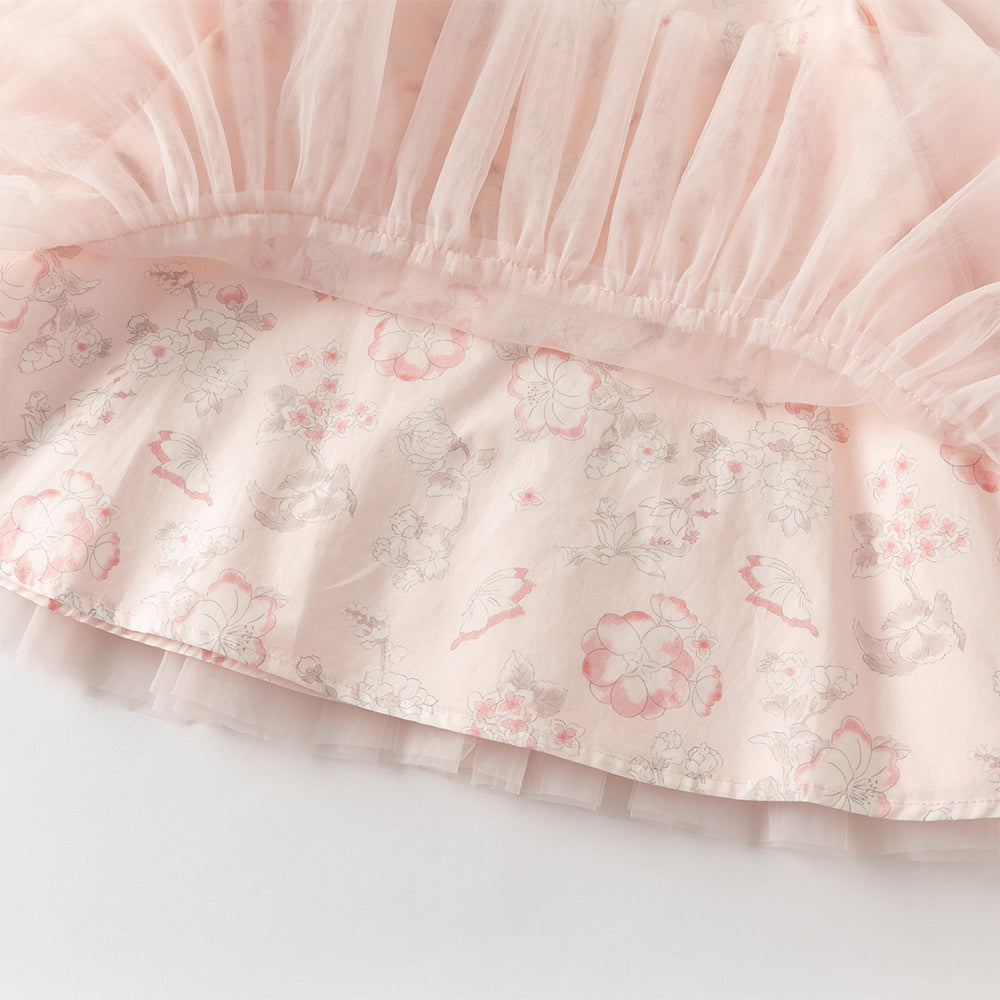 فستان بنات بأكمام طويلة من التول بطباعة زهرية، أسلوب صيني عصري